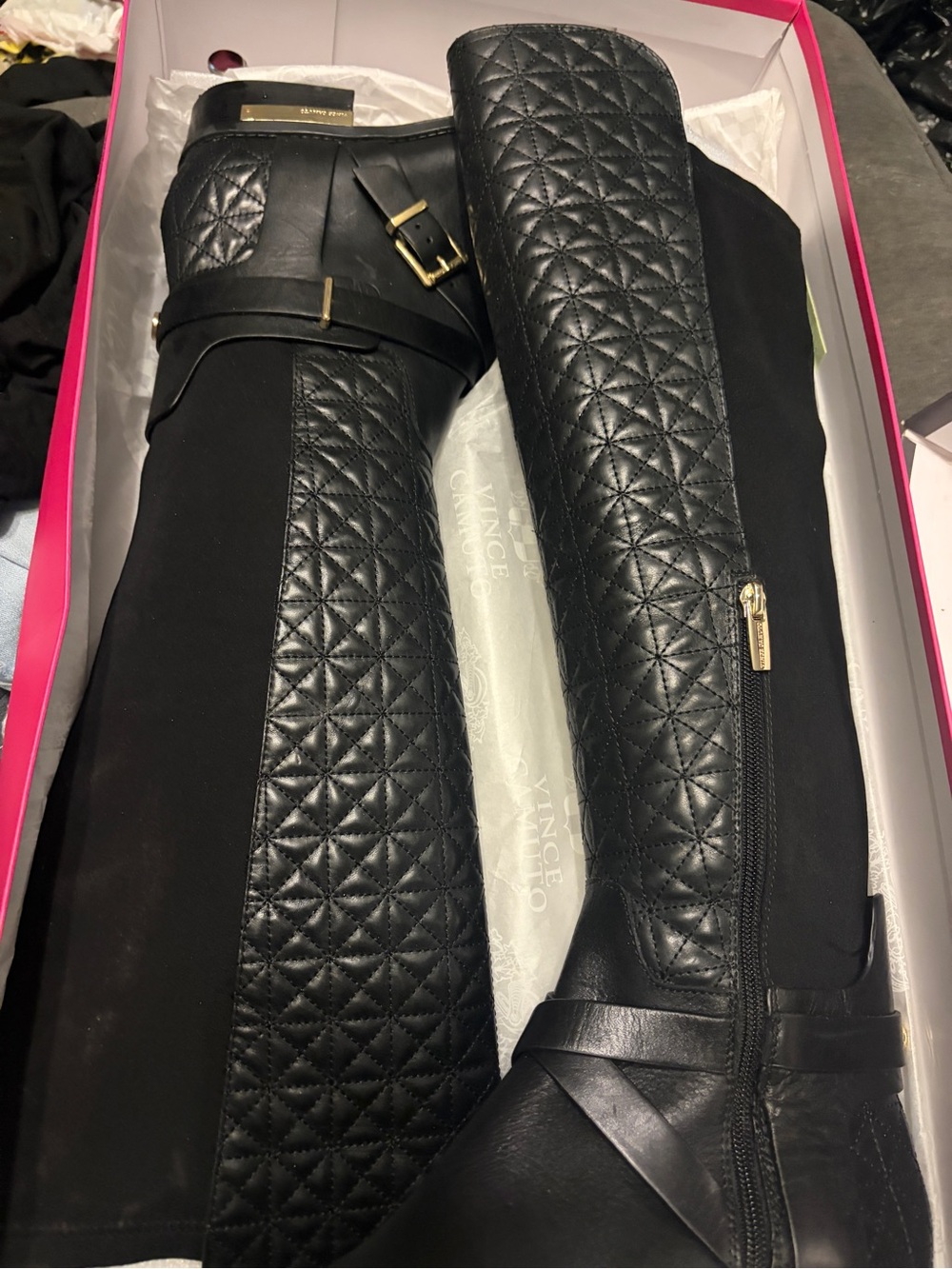 Vince Camuto Quilted Black Knee-High Heeled Boots